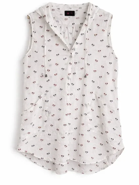 For Cynthia Beachwear Linen Hooded Tunic Sleeveless Palm Print Cover Up - Picture 1 of 8